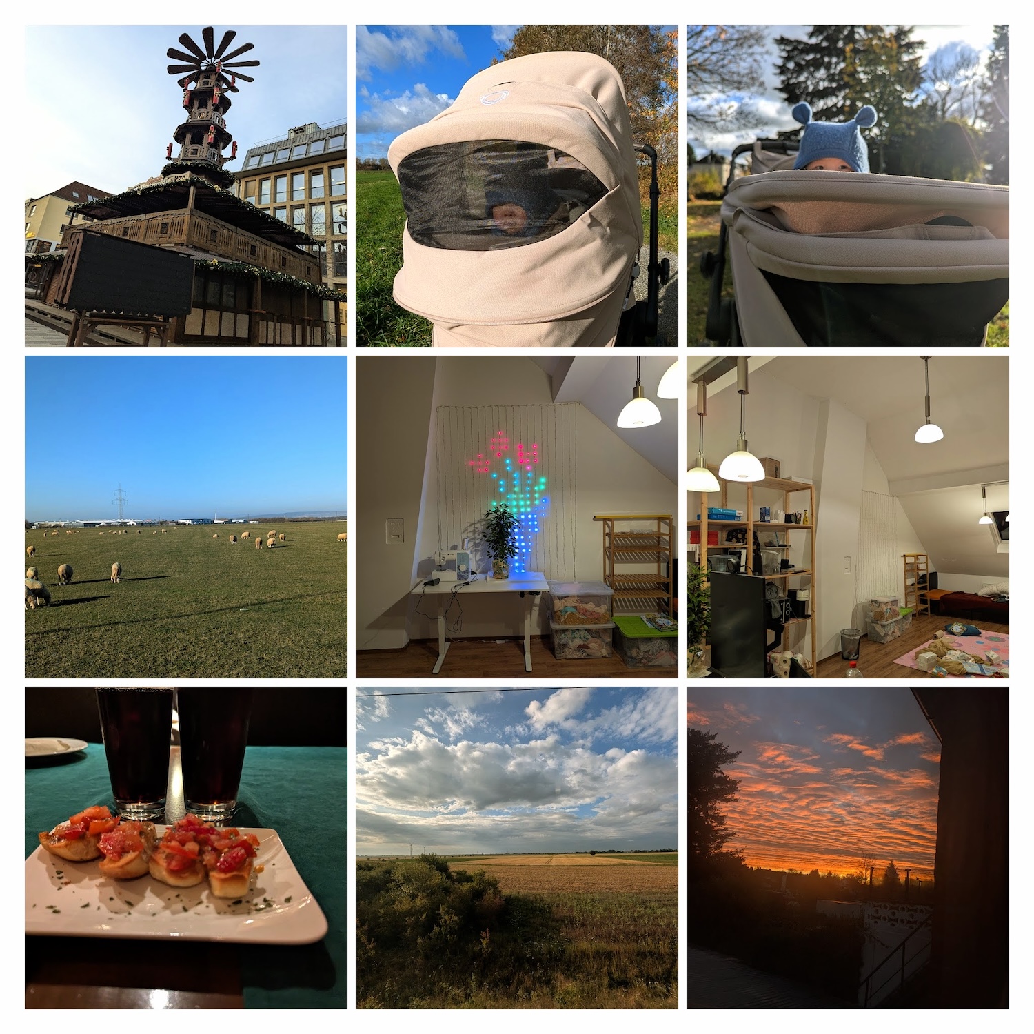 小镇生活掠影。从左到右，从上到下：圣诞集市；娃在田野；娃在银杏树下；羊羊；新添缝纫机；娃有一层楼的游乐场；镇上意大利餐馆；田野；楼台上的朝霞。